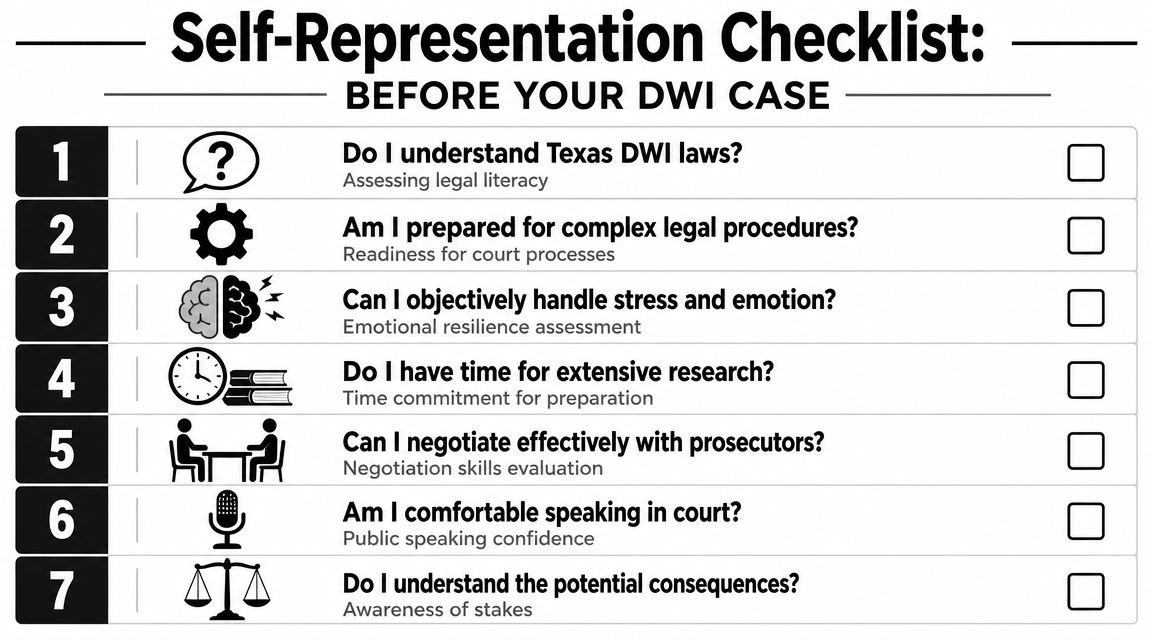 A seven-point checklist designed to help individuals evaluate their readiness for self-representation in a Texas DWI case.