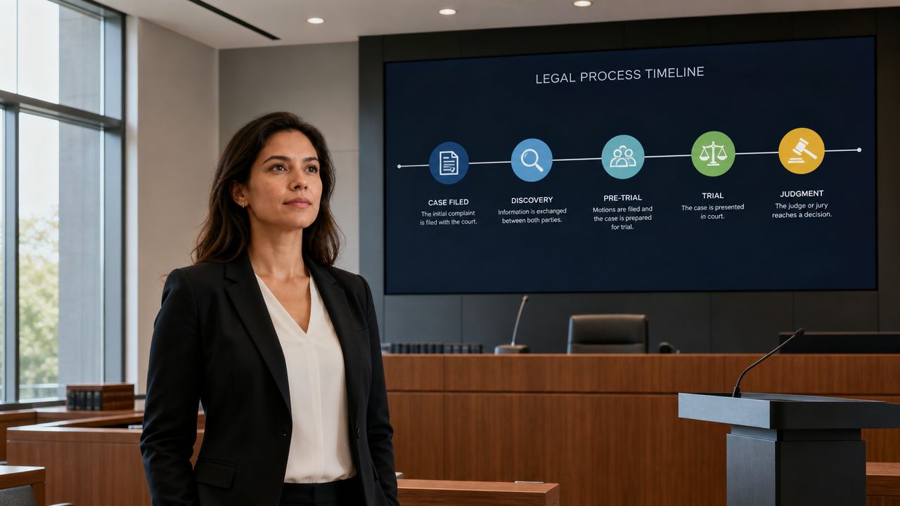 A professional woman standing in a courtroom in front of a legal process timeline presentation screen.