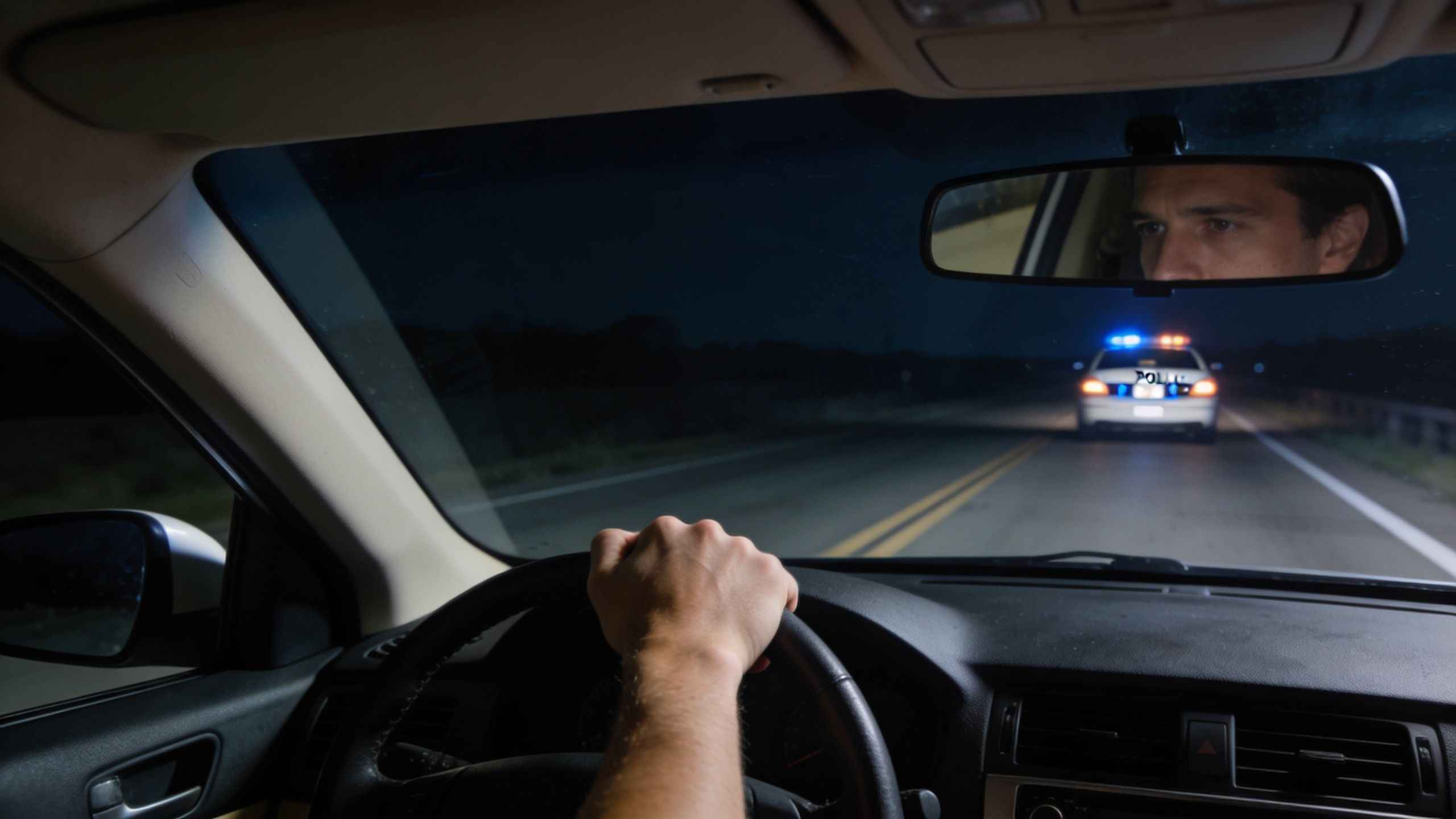 A driver sits behind the steering wheel at night while a police car follows them closely.
