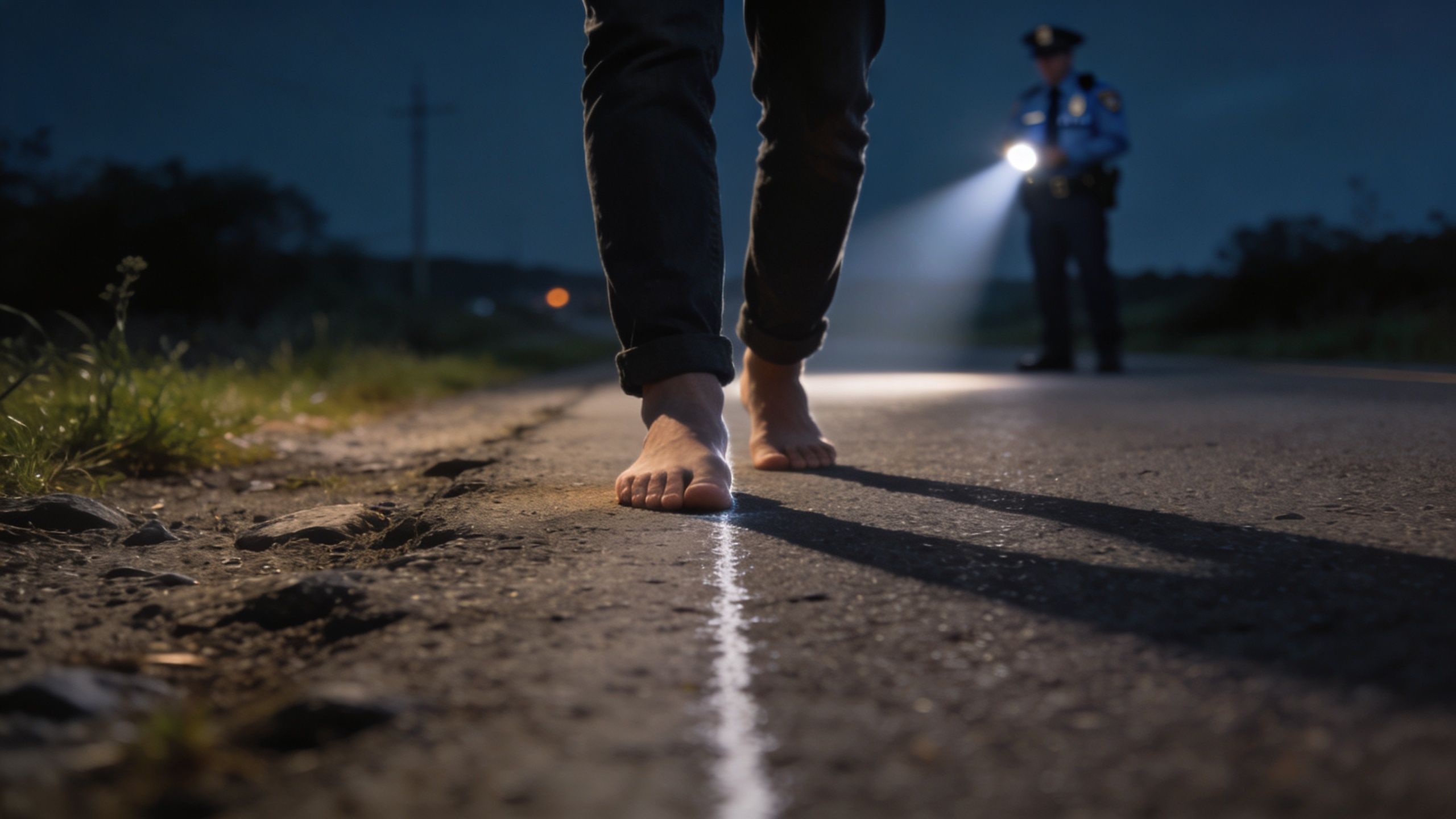 A person walks barefoot along a road at night while a police officer shines a flashlight nearby.