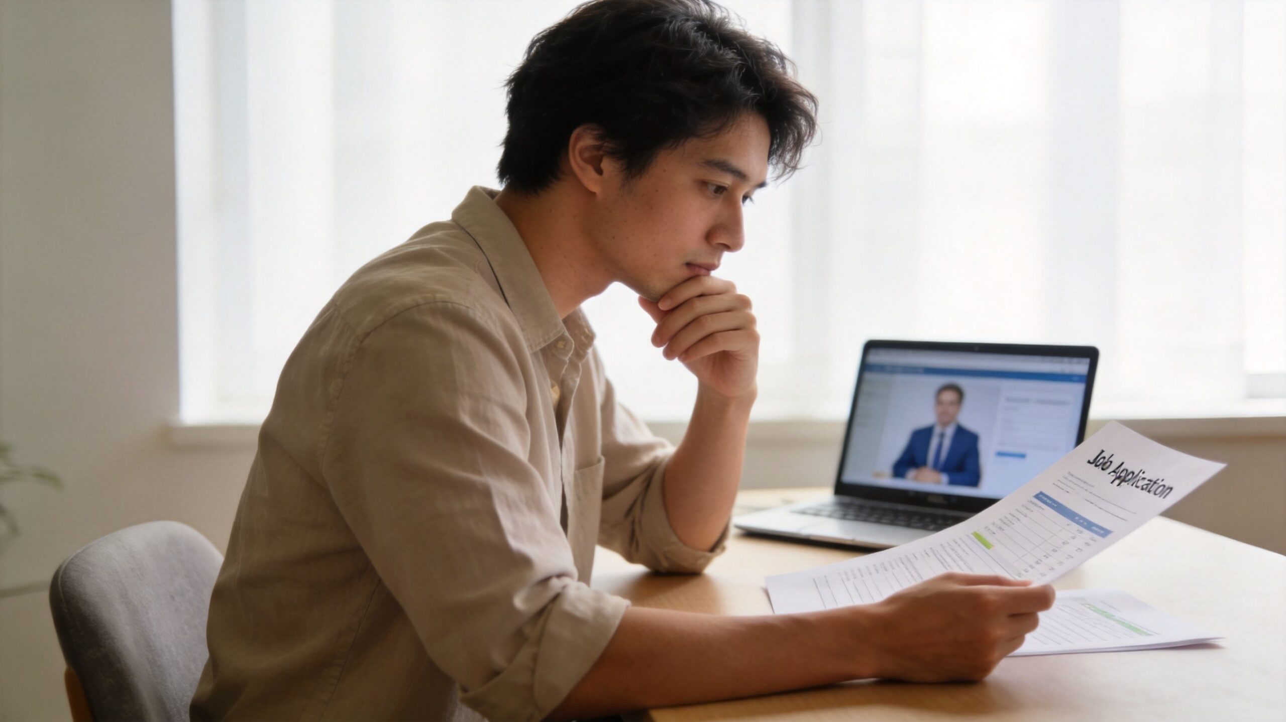 A young man sitting at a desk thoughtfully reviewing a paper job application during a virtual interview.