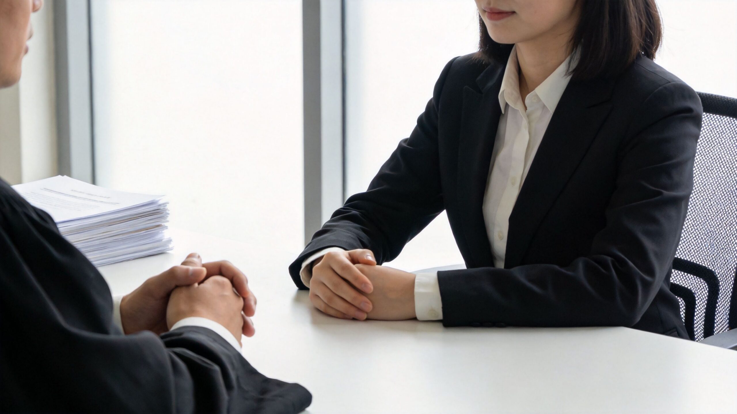 A professional woman in a business suit participates in a formal job interview in an office.