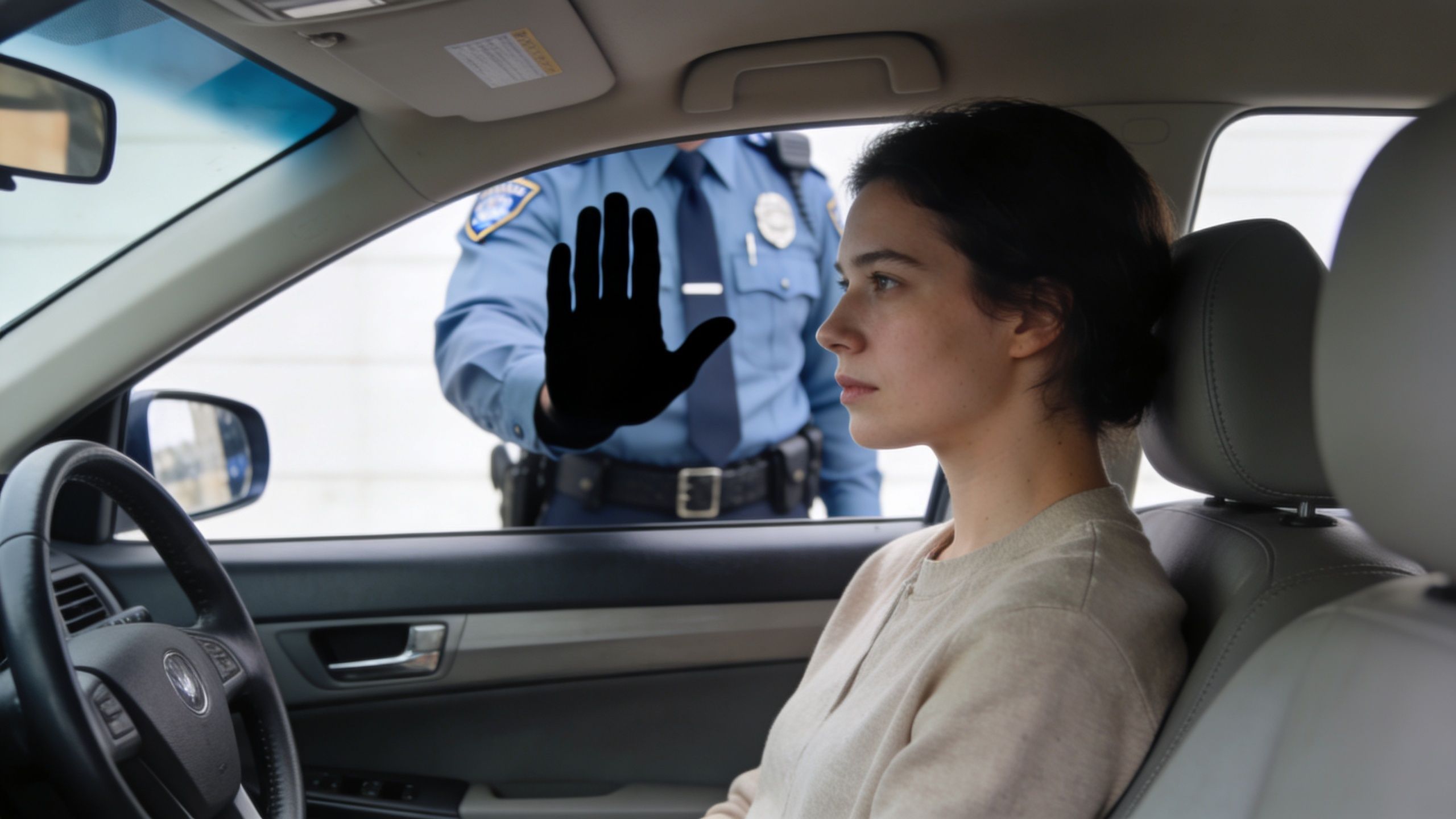 A police officer signals for a driver to stop through a car window during a traffic incident.