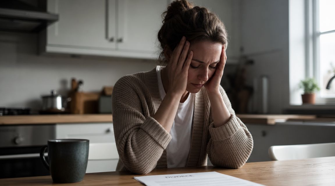 A distressed woman sits at a wooden kitchen table with a divorce document in front of her.