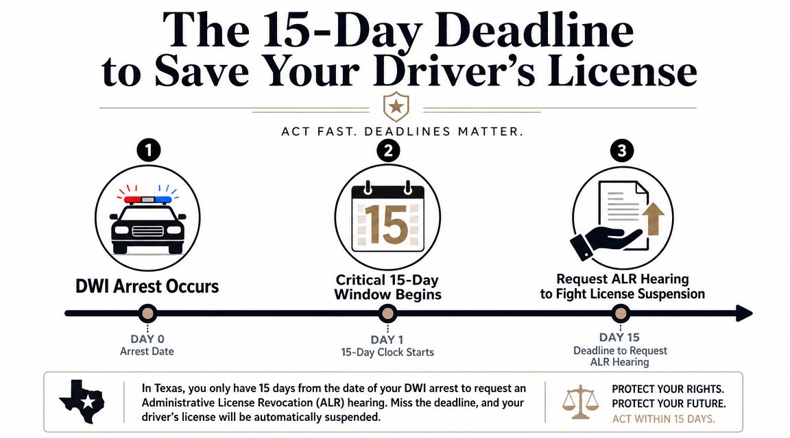 A timeline graphic showing the 15-day deadline to request an ALR hearing after a Texas DWI arrest.