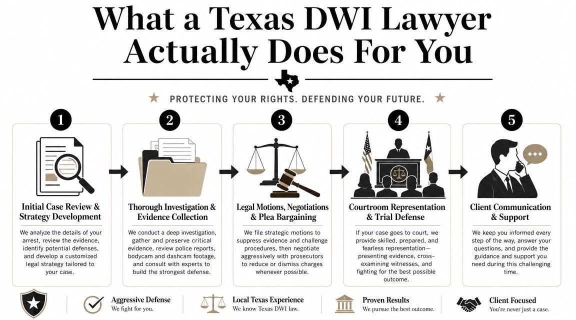 An infographic detailing five key steps Texas DWI lawyers take to defend clients facing driving charges.