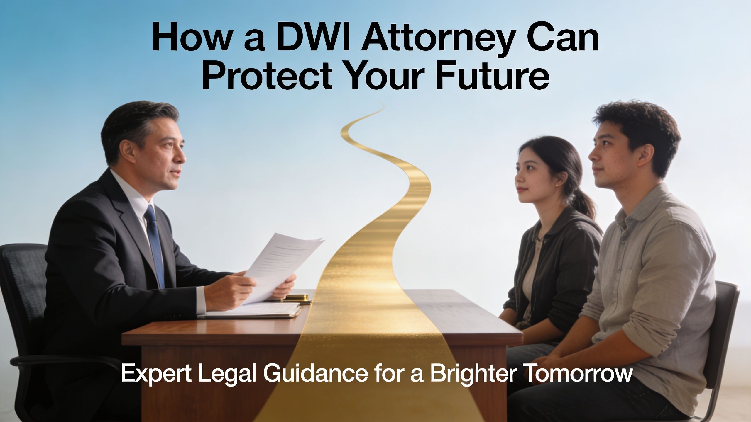 A professional attorney discussing legal options with a young couple in an office setting.