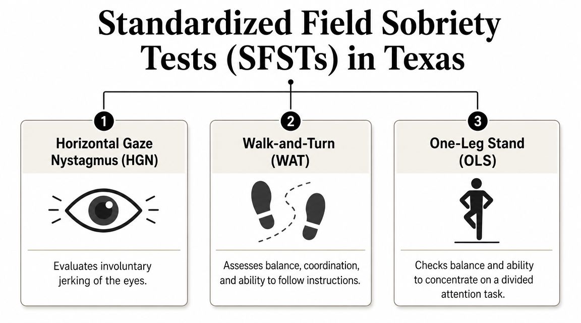 An infographic illustrating the three standardized field sobriety tests used by law enforcement in Texas.
