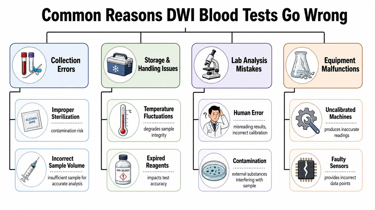 An infographic titled Common Reasons DWI Blood Tests Go Wrong, illustrating errors in collection, handling, analysis, and equipment.