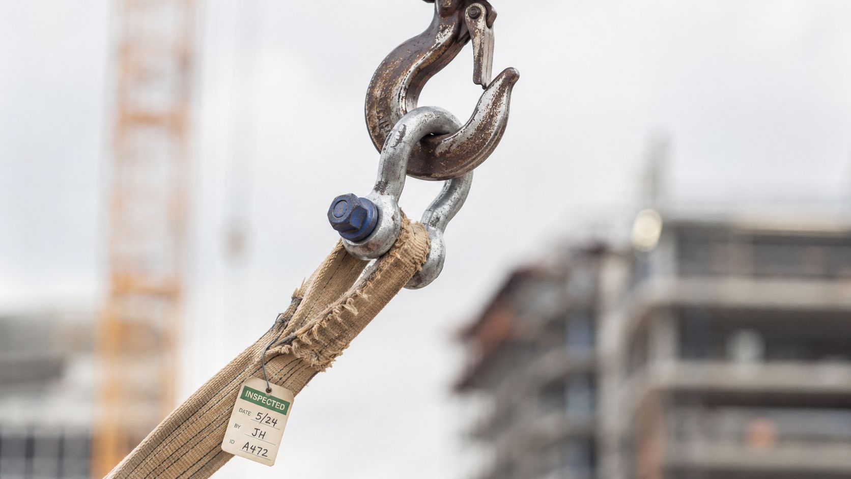 A close-up view of a metal crane hook holding a heavy-duty fabric strap with an inspection tag.