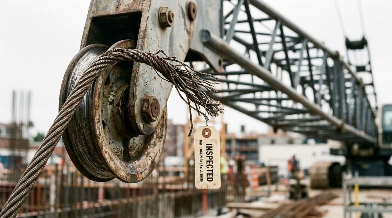 A close-up view of a damaged crane cable with a frayed rope and an inspection tag attached.