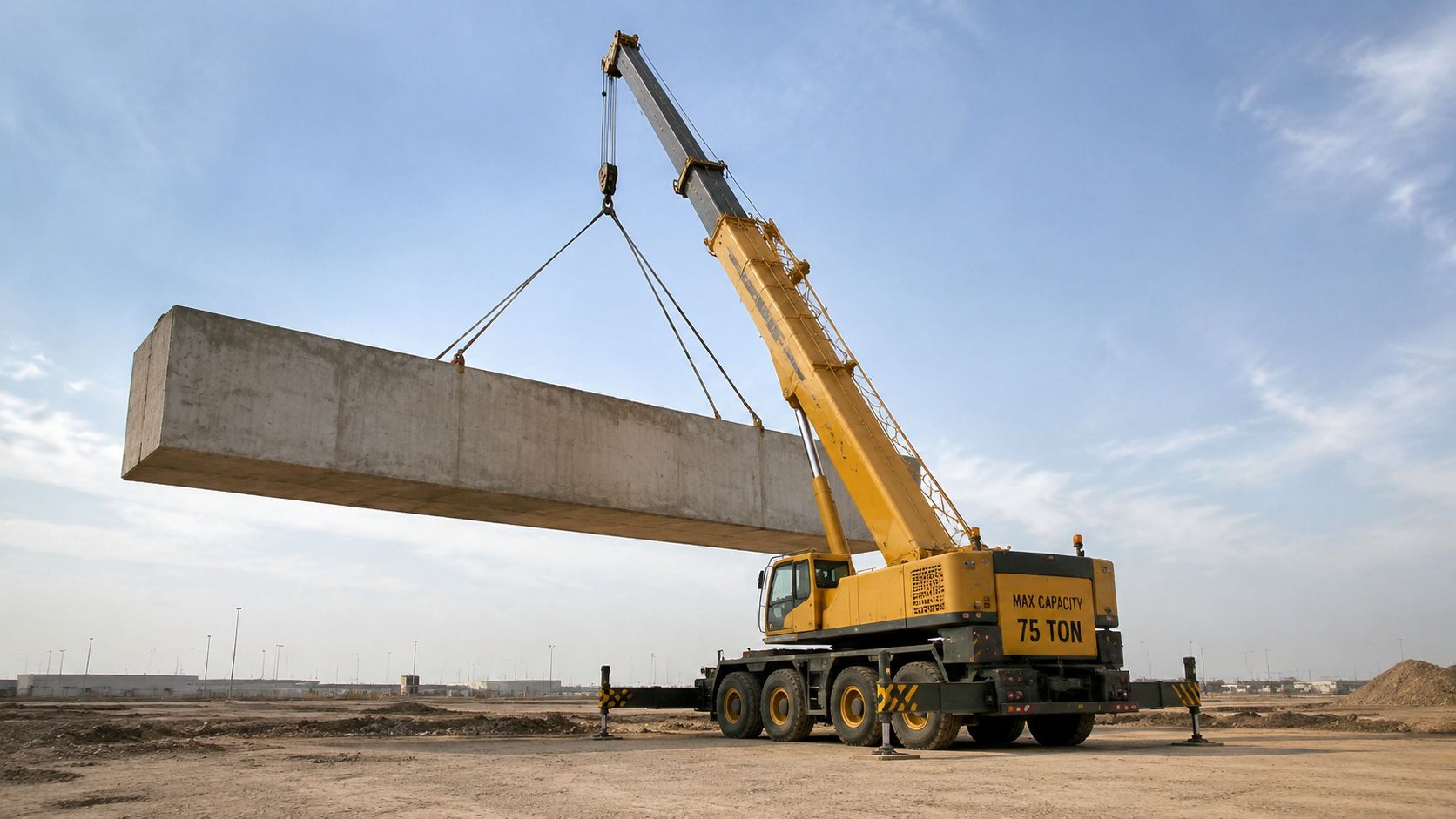 A yellow mobile crane lifting a large heavy concrete beam on a construction site under a clear sky.