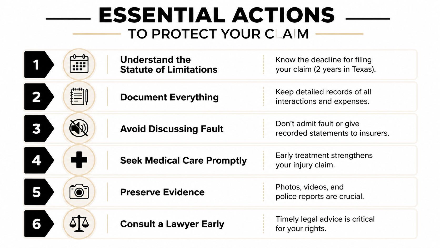 A helpful infographic listing six essential actions to take to protect a personal injury insurance claim.