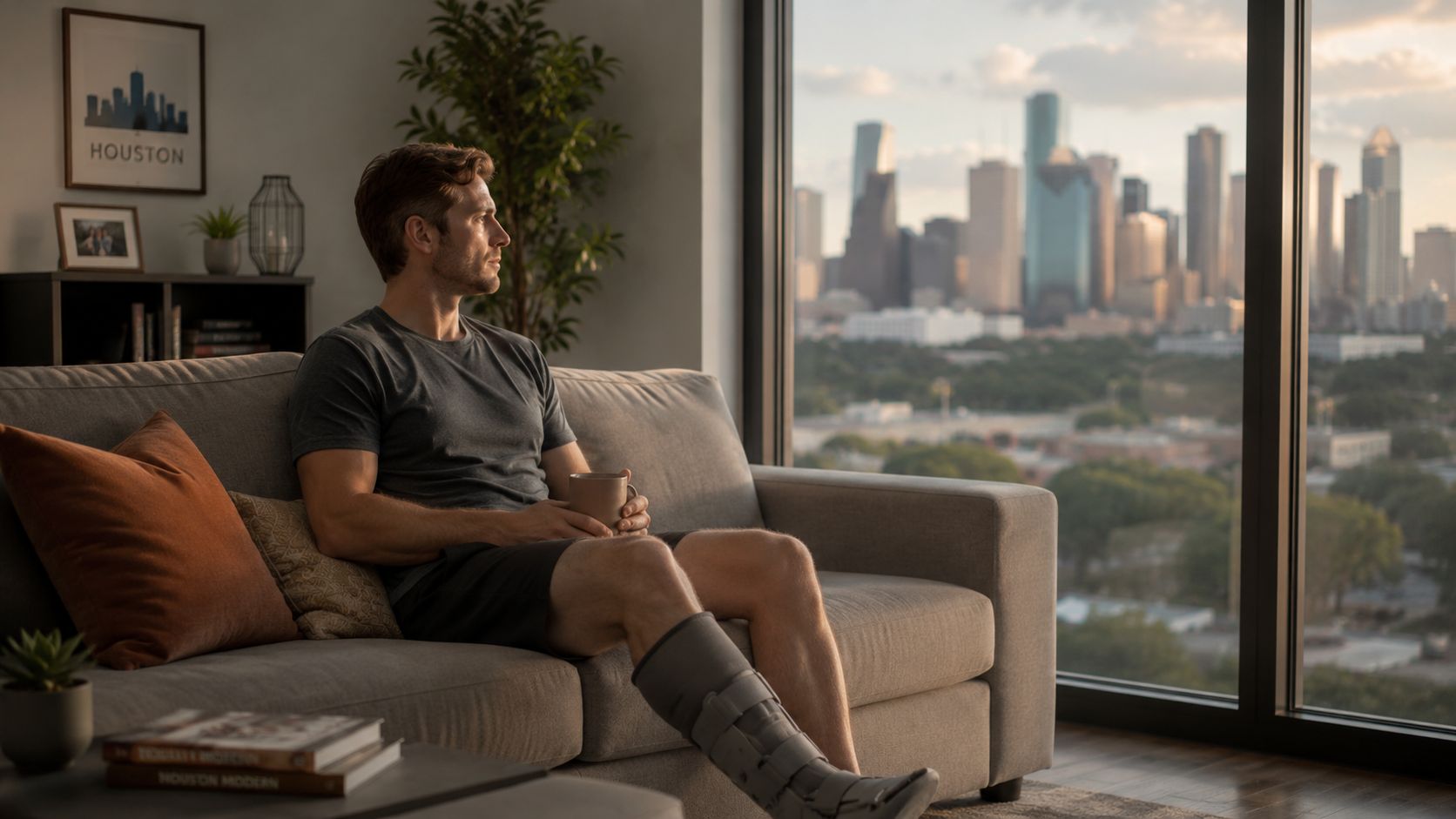 A man wearing a medical leg brace sits on a sofa, looking out at the Houston skyline.
