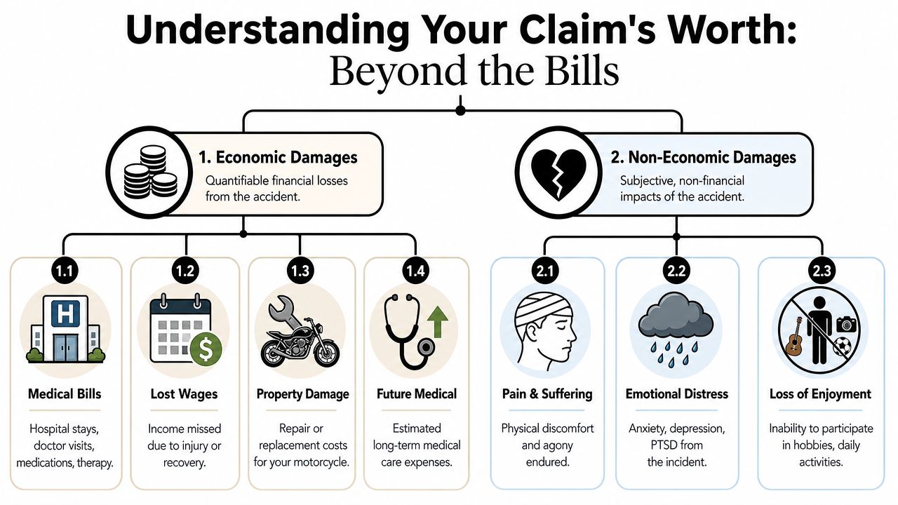 An infographic showing economic and non-economic damages involved in a motorcycle accident claim calculation process.