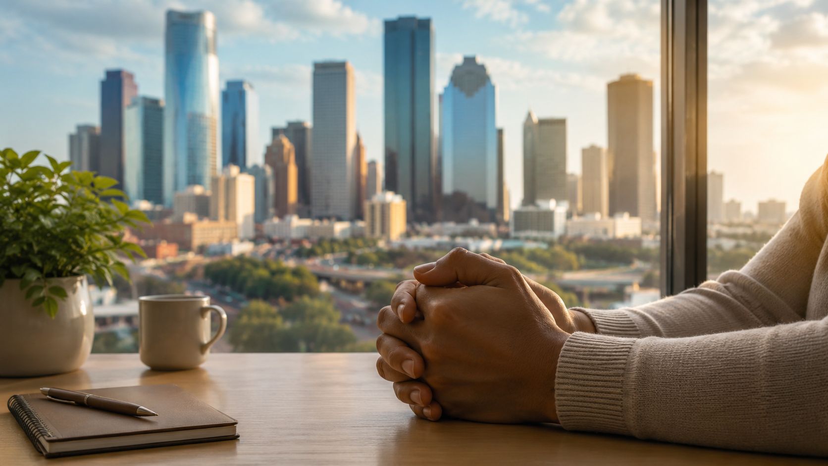 A person sitting at a desk with folded hands overlooking the skyline of Houston, Texas at sunset.