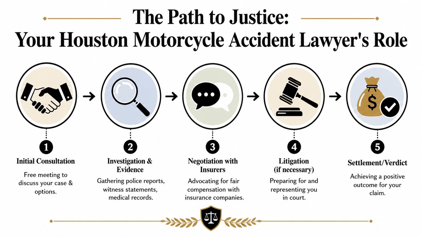 A flowchart infographic outlining the five-step legal process for a Houston motorcycle accident claim.