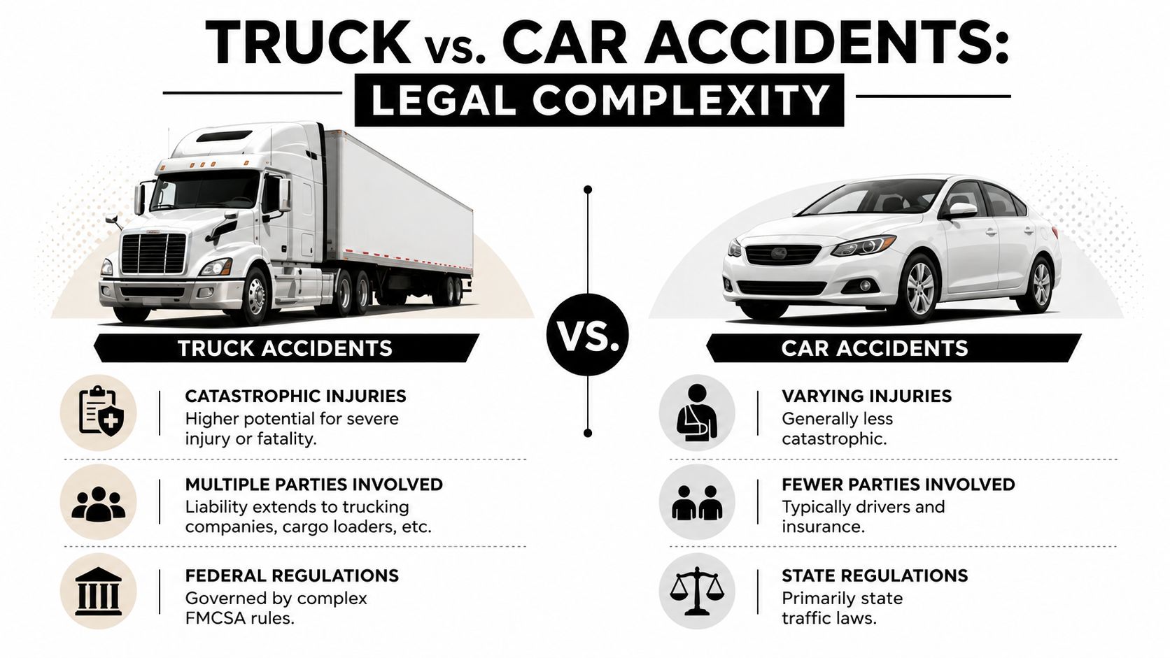 A comparison chart showing the legal differences and increased complexity between truck accidents and car accidents.