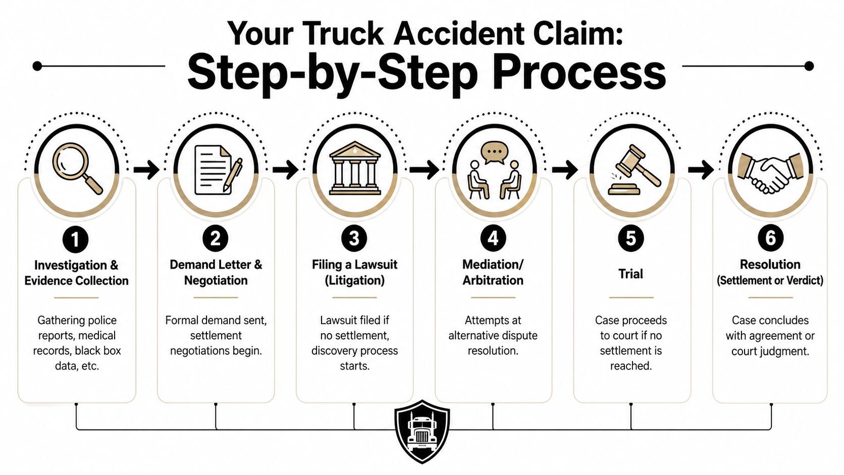 A step-by-step infographic illustrating the legal process for a truck accident claim from investigation to resolution.