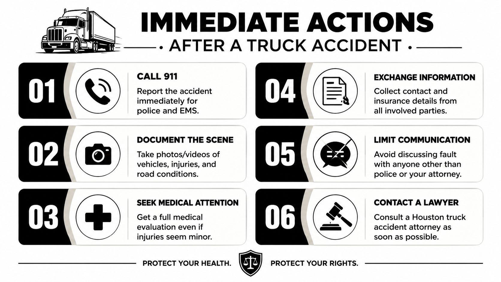 An infographic detailing six immediate steps to take following a truck accident to protect your rights.