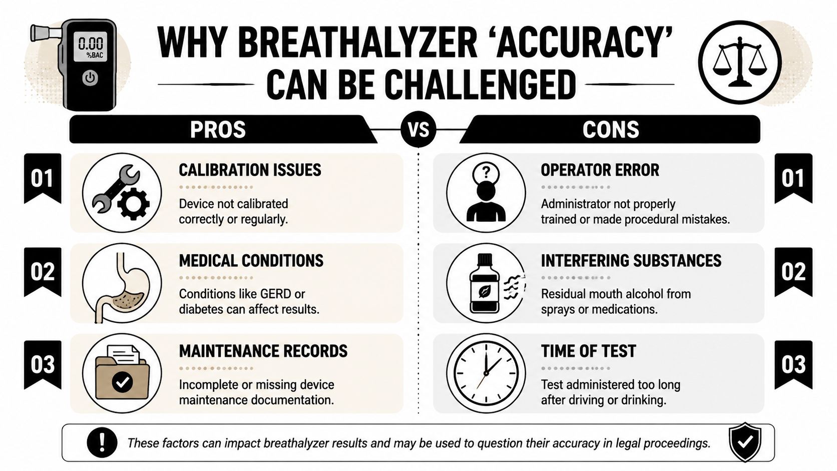 An infographic detailing common factors that can challenge the accuracy of breathalyzer results in legal cases.