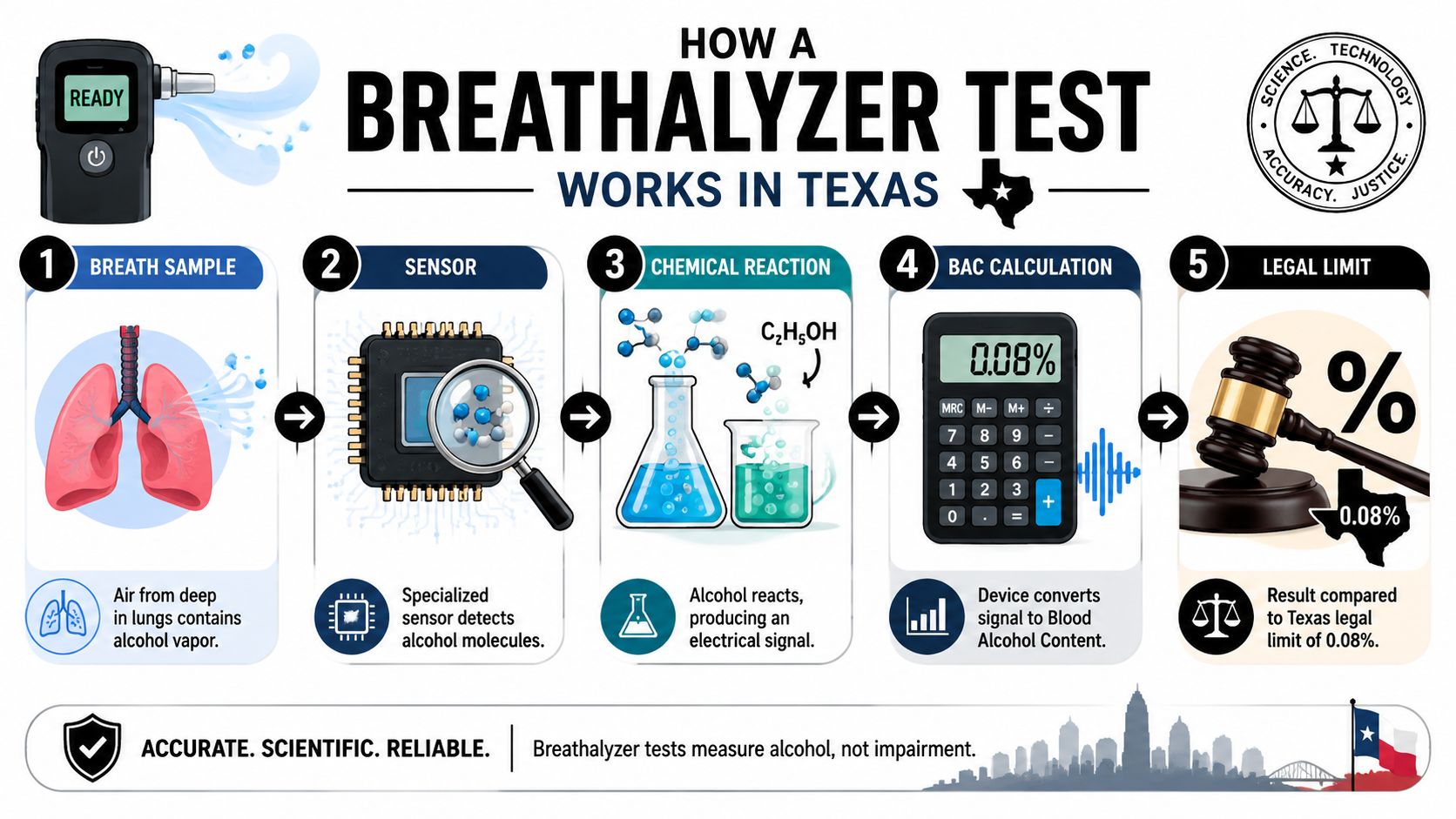 A diagram illustrating the five-step scientific process of how a breathalyzer test works in Texas.