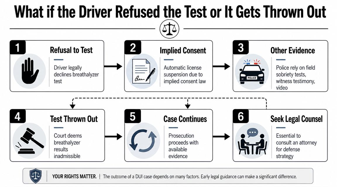 A flow chart explaining the legal process when a driver refuses a breathalyzer or evidence is thrown out.