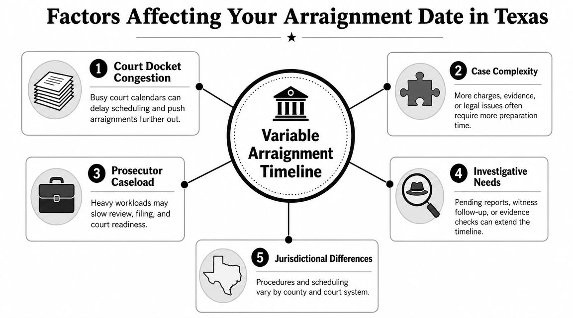 An infographic showing five key factors that influence the length of time for a Texas arraignment timeline.
