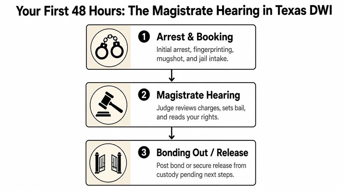 A flowchart outlining the three steps of the first 48 hours after a Texas DWI arrest.