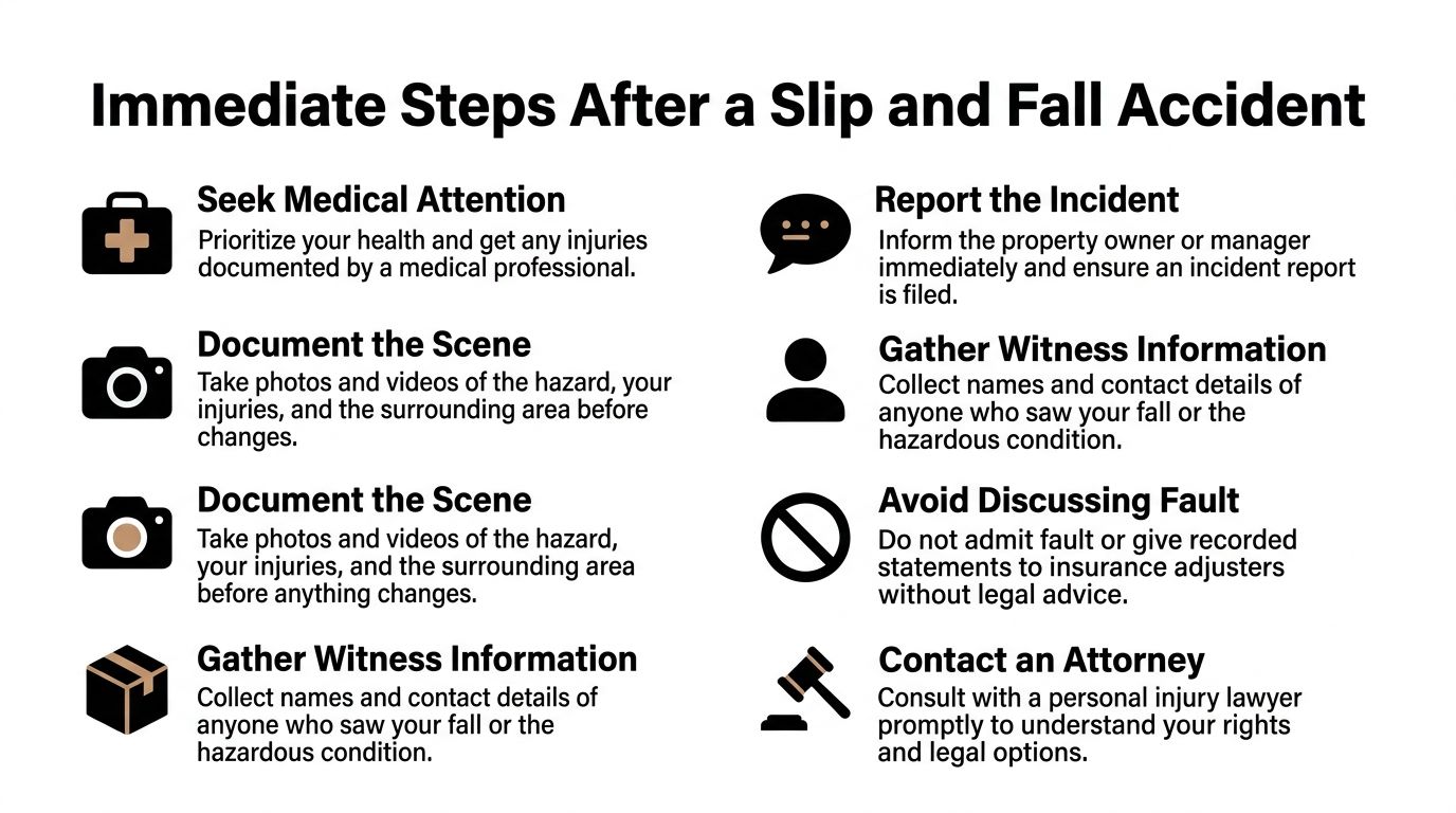 A helpful checklist infographic titled Immediate Steps After a Slip and Fall Accident for injury victims.
