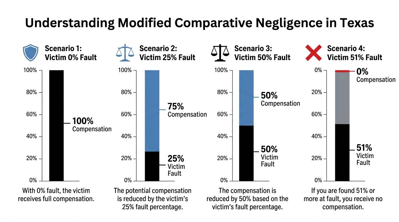 A chart explaining modified comparative negligence in Texas with four scenarios showing varying levels of victim compensation.