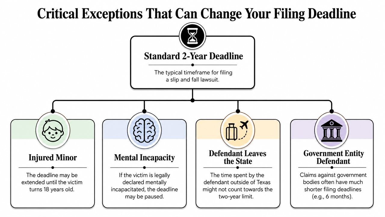 An infographic detailing critical exceptions that can change the two-year deadline for filing slip and fall lawsuits.