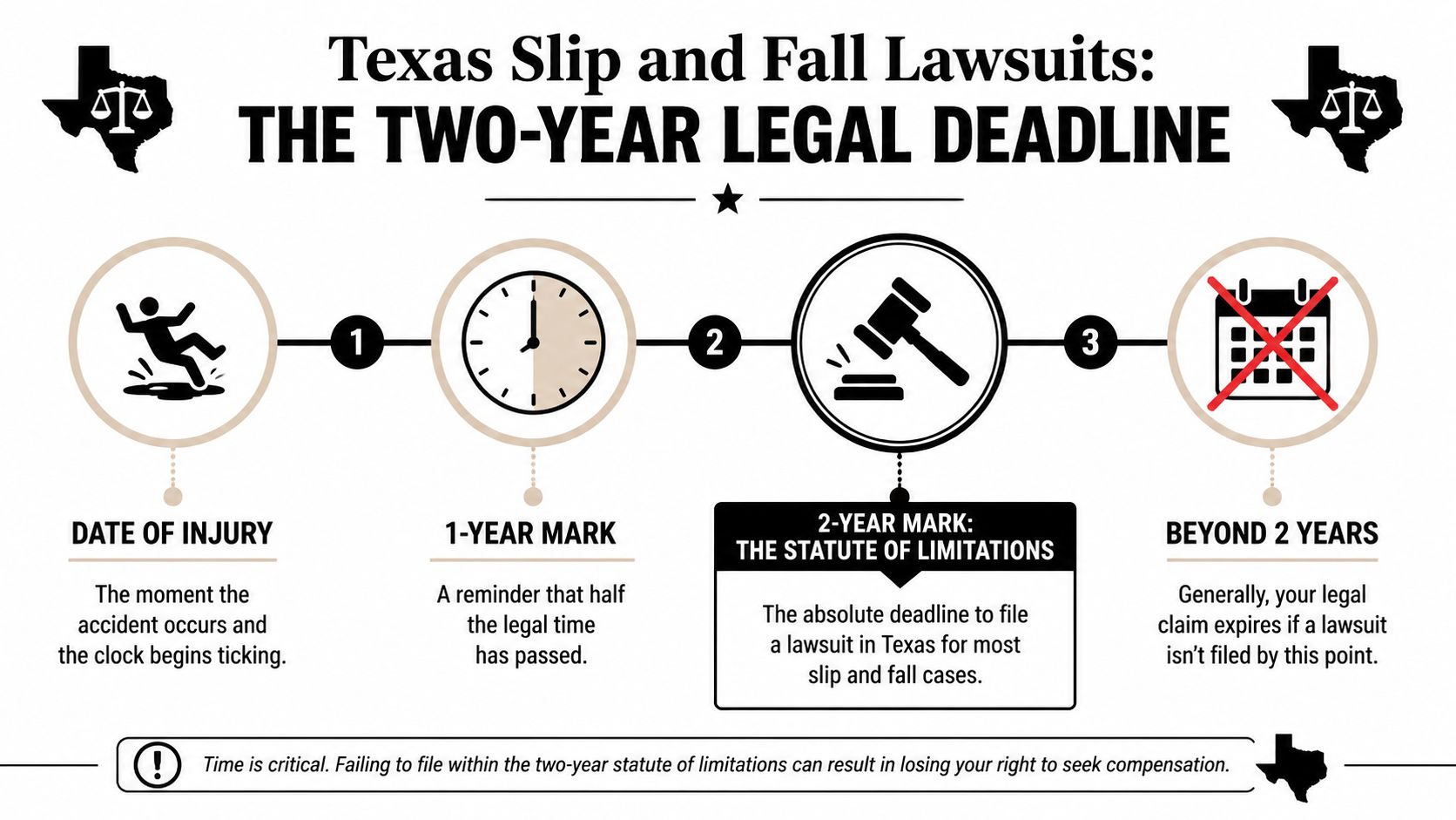 A timeline graphic explaining the two-year statute of limitations for filing slip and fall lawsuits in Texas.