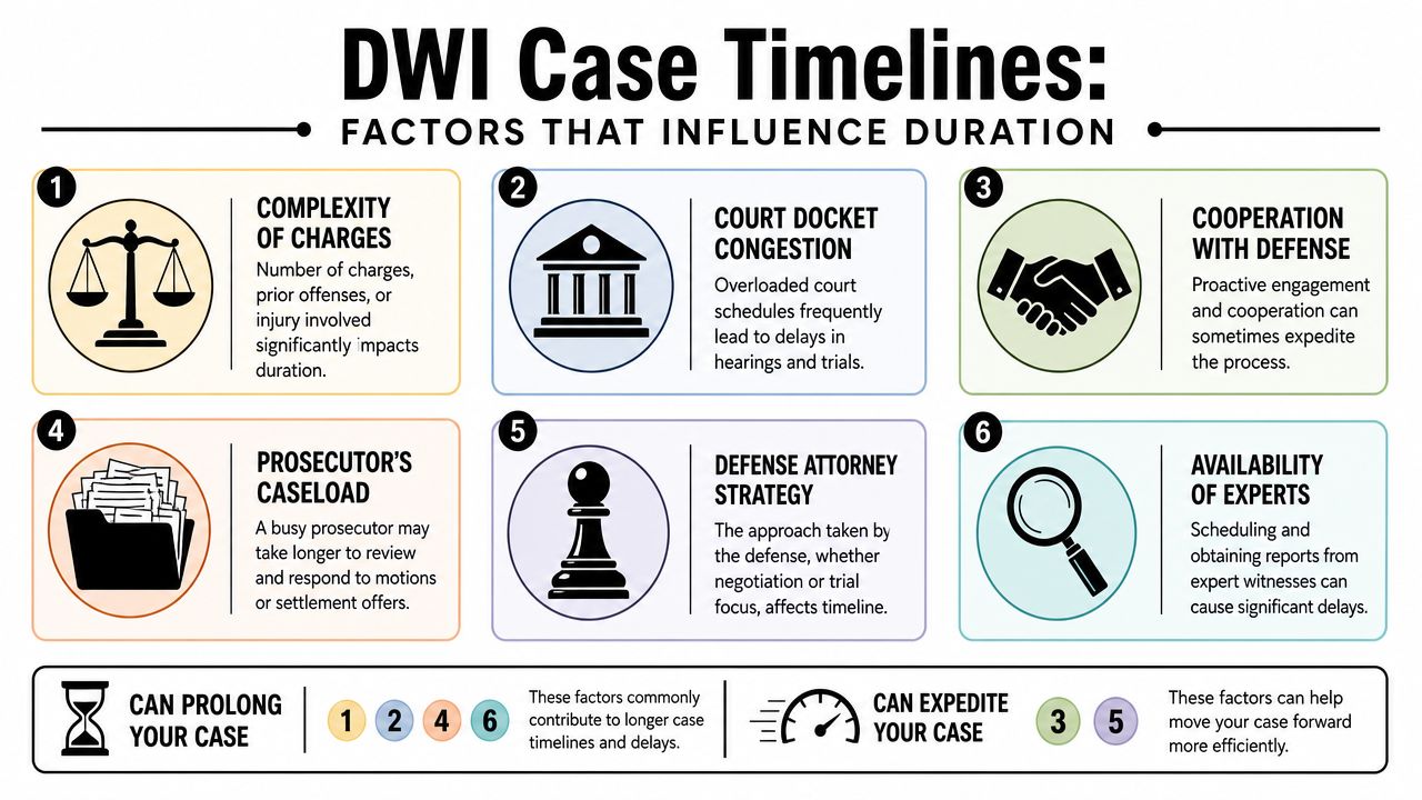 An infographic showing six key factors that influence the total duration of a DWI court case timeline.