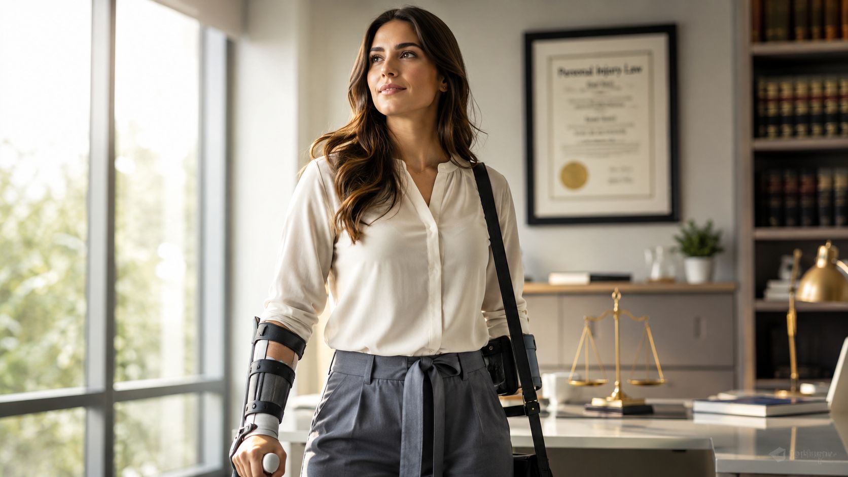 A professional woman wearing an arm brace and sling stands in a law office near a window.