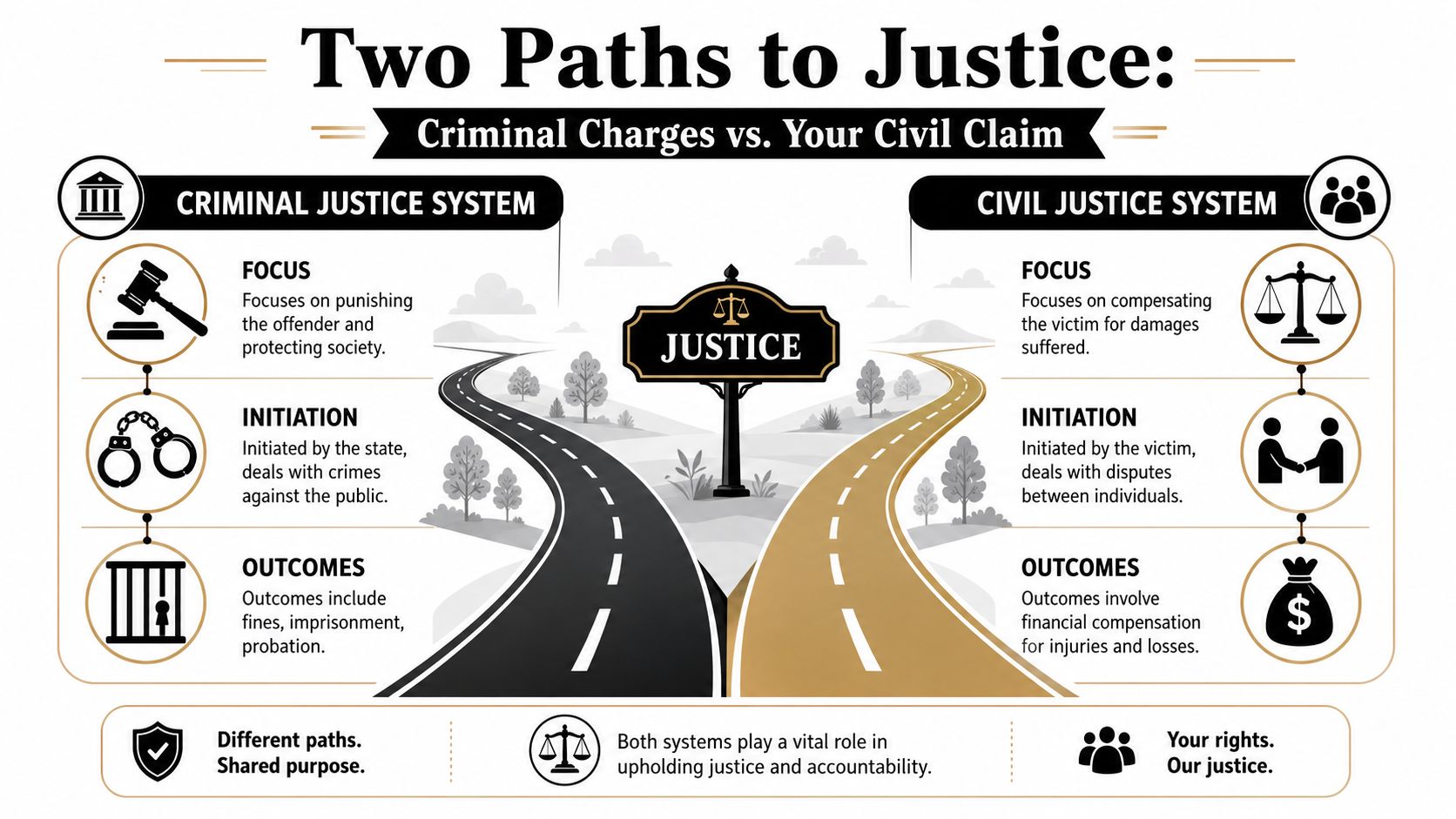 A comparison chart showing the differences between the Criminal Justice System and the Civil Justice System.