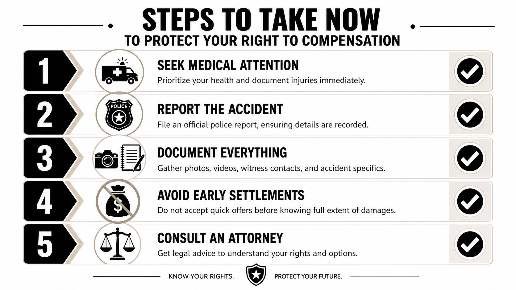 An infographic detailing five essential steps to take after an accident to protect your compensation rights.