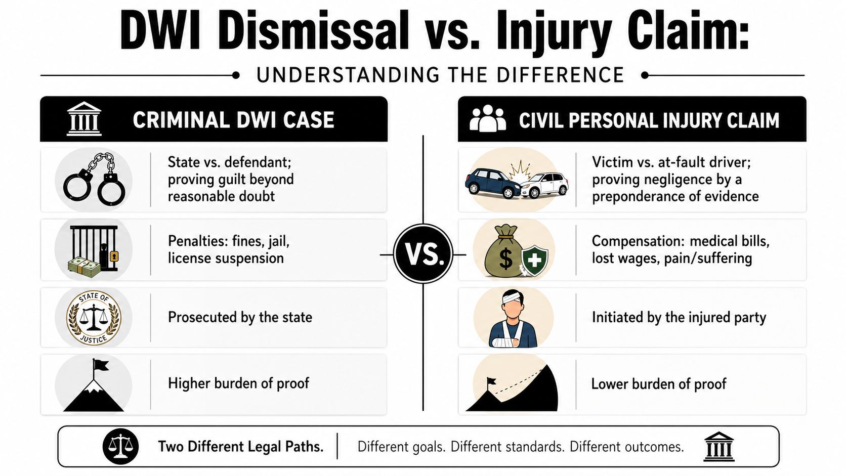 An infographic comparing the differences between a criminal DWI case and a civil personal injury claim.