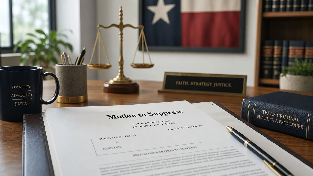A wooden desk featuring a legal motion to suppress document, a gavel scale, and a law book.