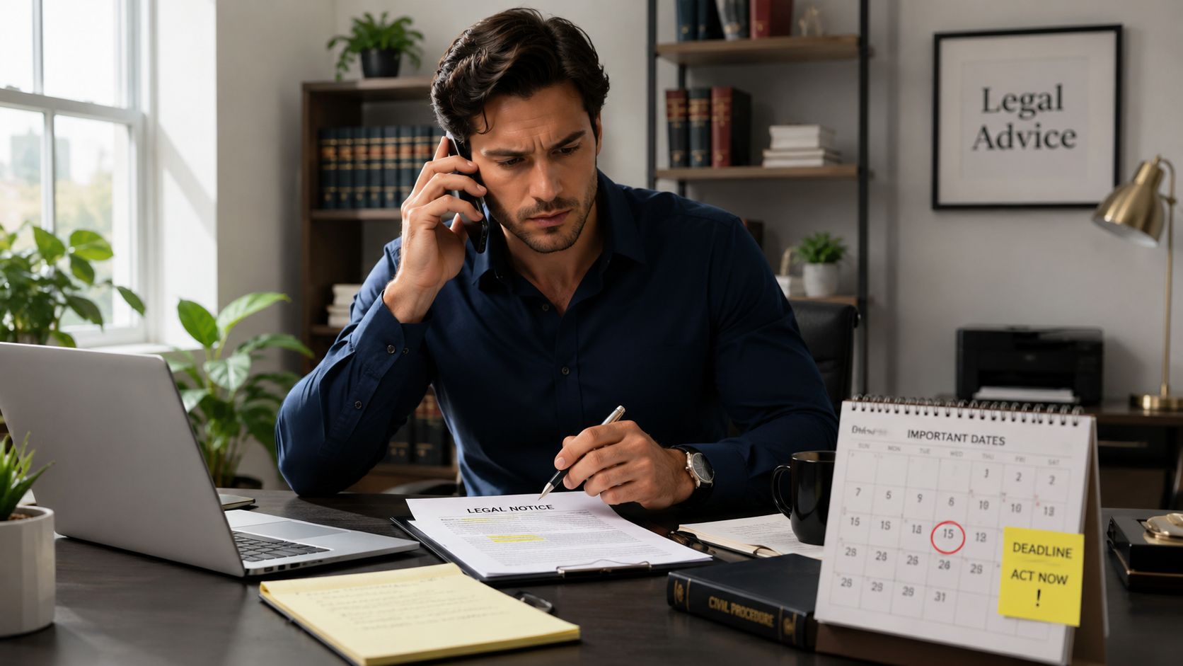 A professional attorney at his desk reviewing a legal notice while talking on his mobile phone.