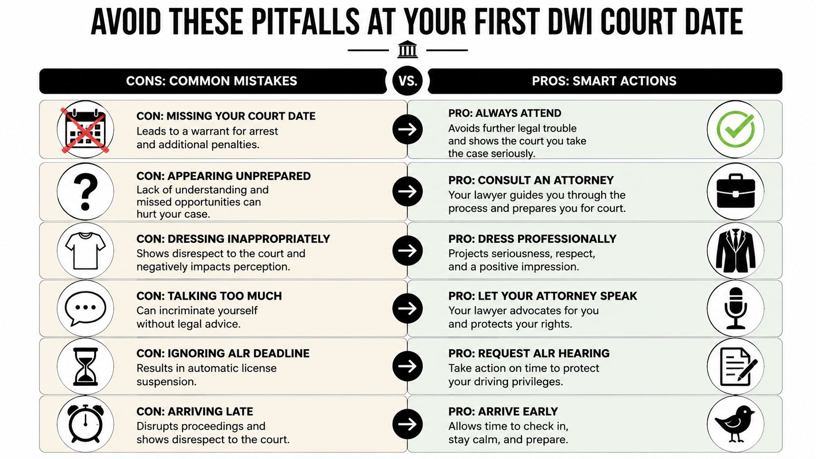 An infographic titled Avoid These Pitfalls at Your First DWI Court Date comparing common mistakes and smart actions.