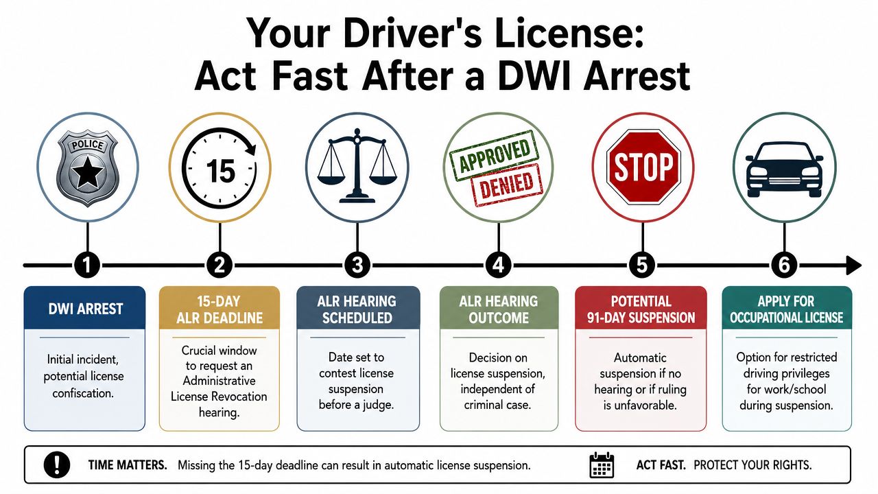 A flowchart detailing the six-step process for handling a driver's license suspension after a DWI arrest.