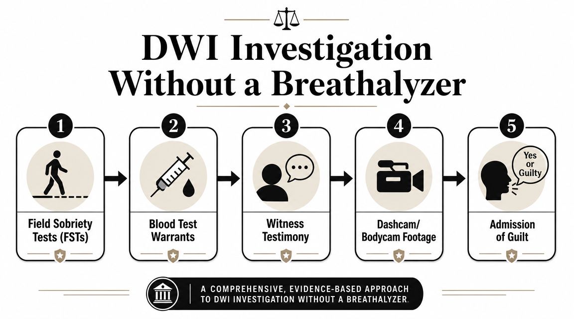 An infographic illustrating the five steps of a DWI investigation procedure conducted without a breathalyzer test.