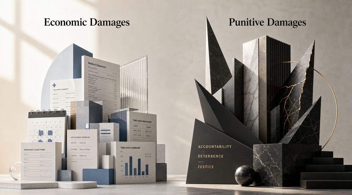 Visual representation of legal concepts showing Economic Damages versus Punitive Damages with charts and abstract structures.