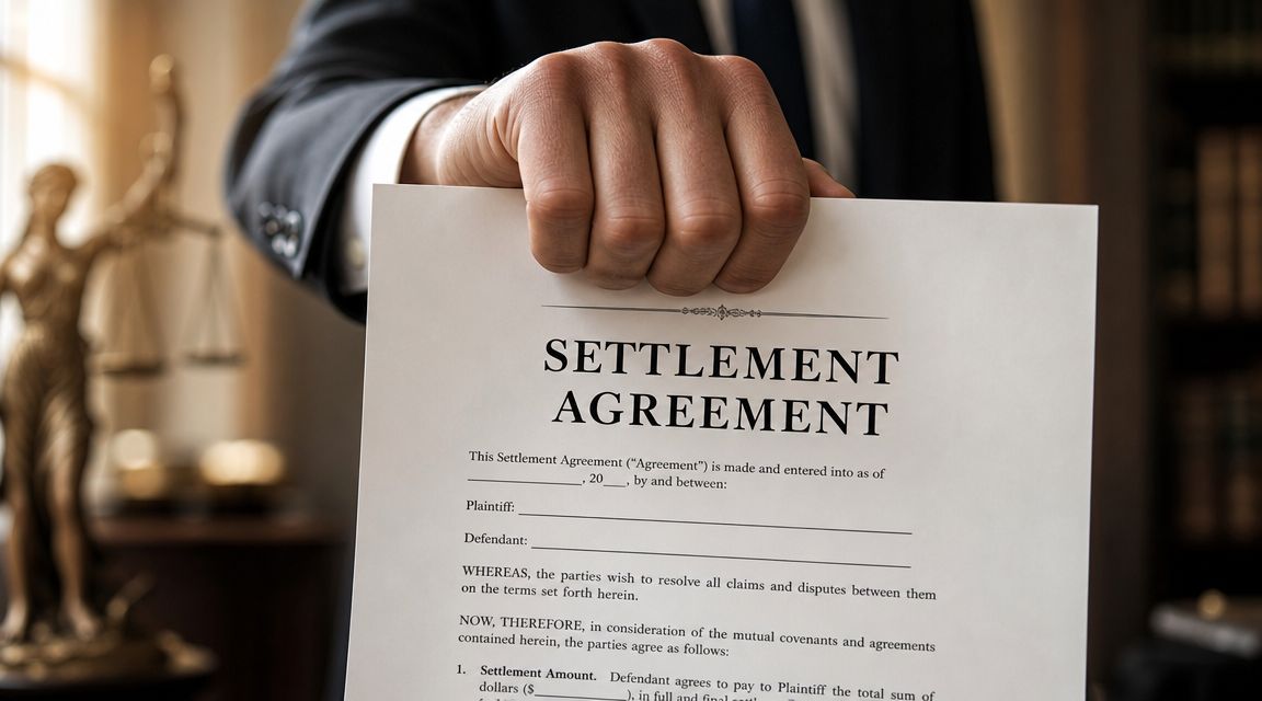 A professional in a suit holding a formal legal settlement agreement document in an office setting.