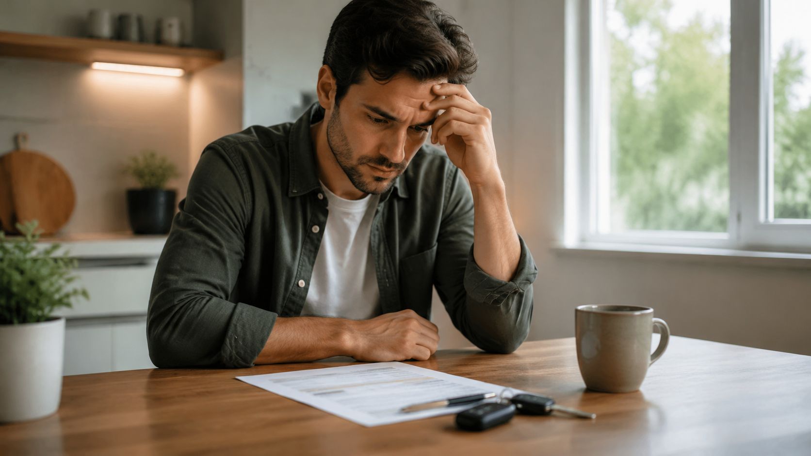 A concerned man sits at a kitchen table looking at legal documents related to a DWI case.