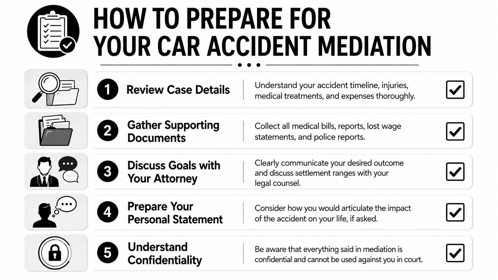 An infographic detailing five essential steps to prepare for a car accident mediation settlement process.