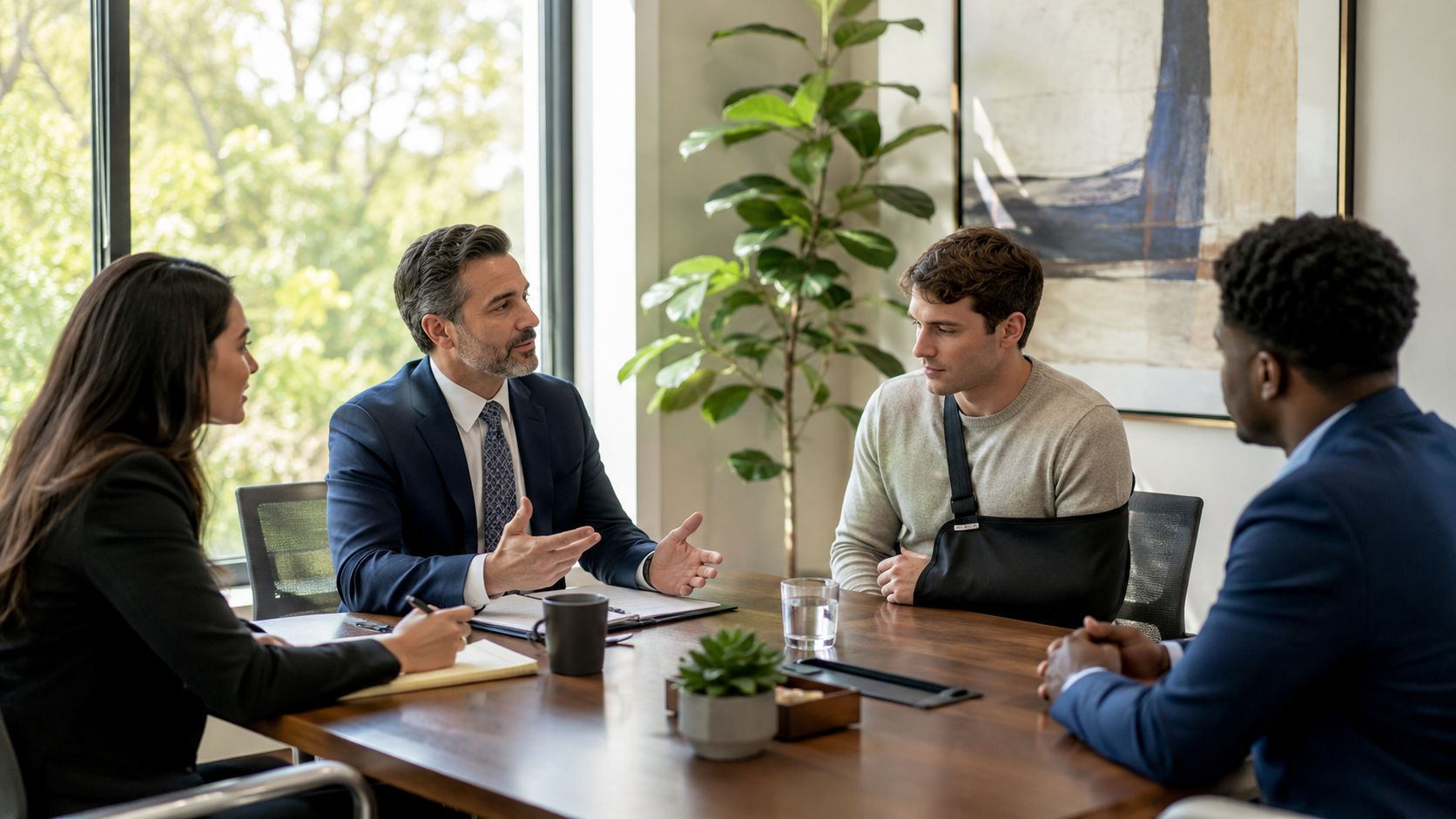 A professional mediation hearing with a lawyer discussing legal matters with a client in a conference room.
