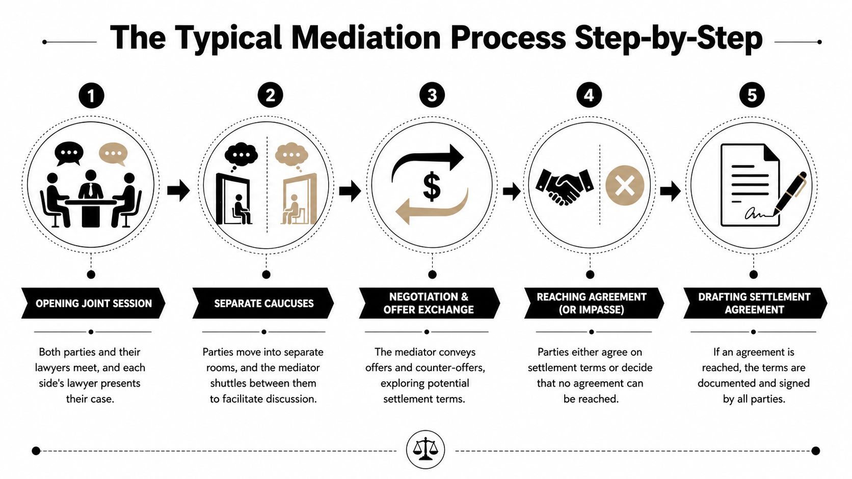 A five-step infographic showing the typical mediation process flow from joint sessions to the final signed settlement.
