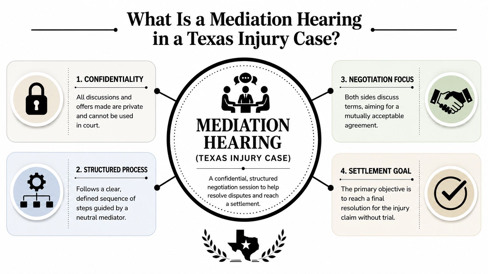 An infographic titled What Is a Mediation Hearing in a Texas Injury Case featuring four core principles.